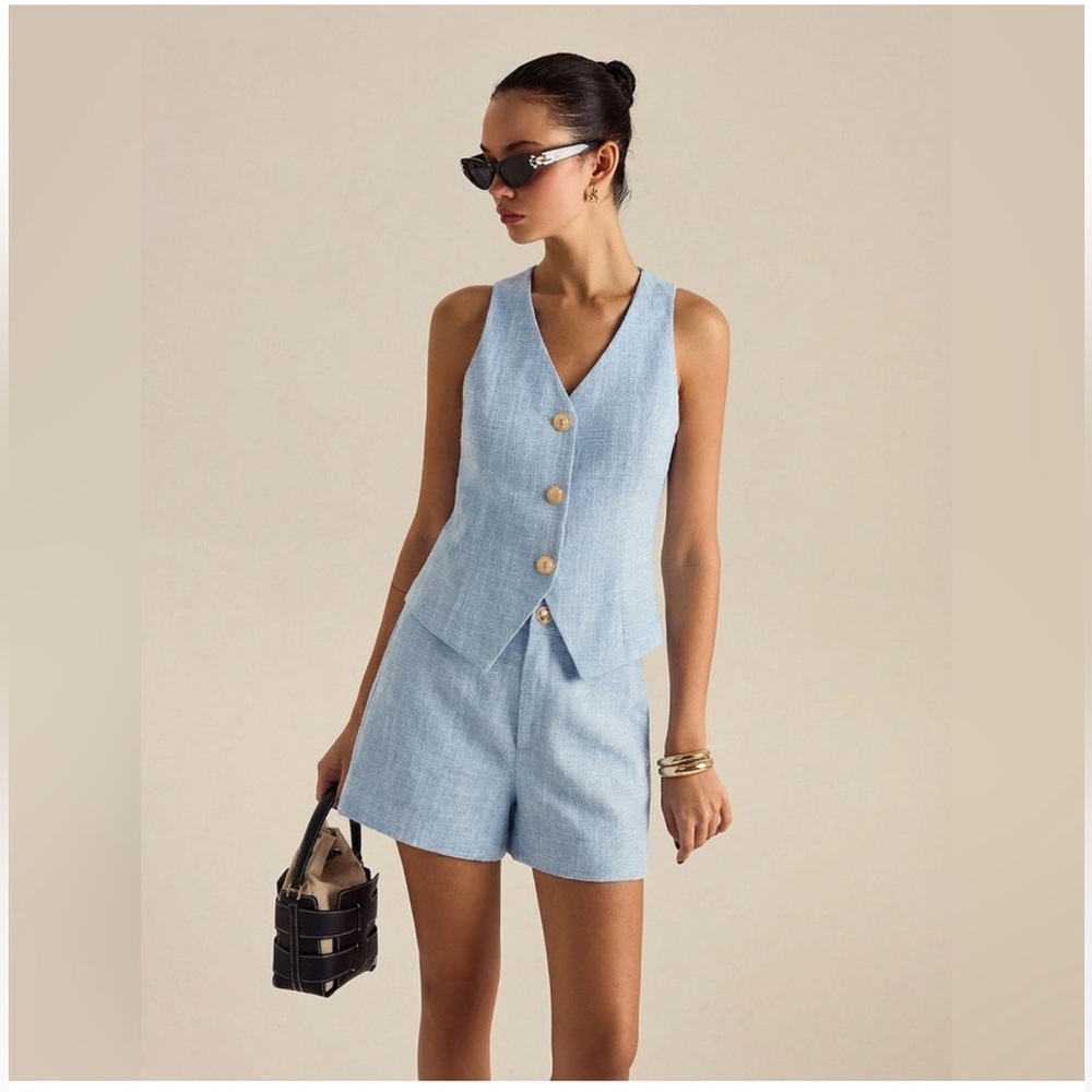 Commense Light Blue Linen-Look High-Waist Shorts